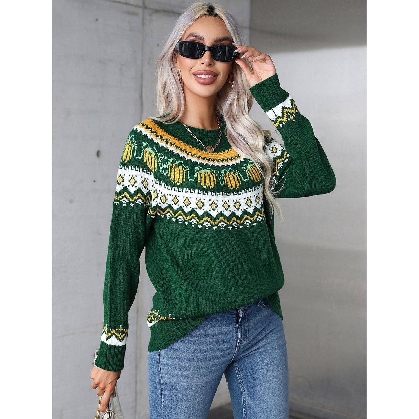 Angel Wings Geometric Round Neck Long Sleeve Sweater