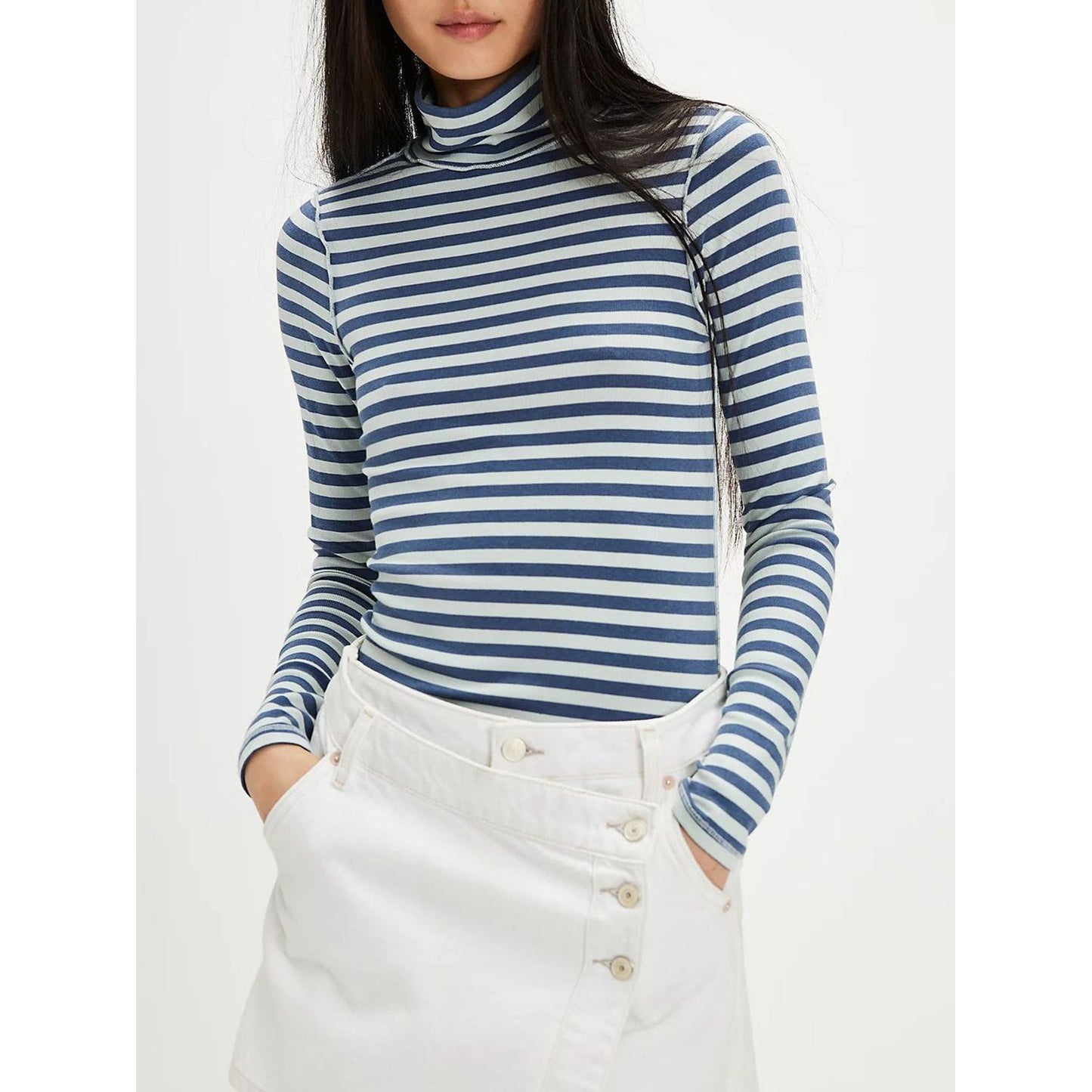 Exposed Seam Striped Turtleneck Long Sleeve T-Shirt