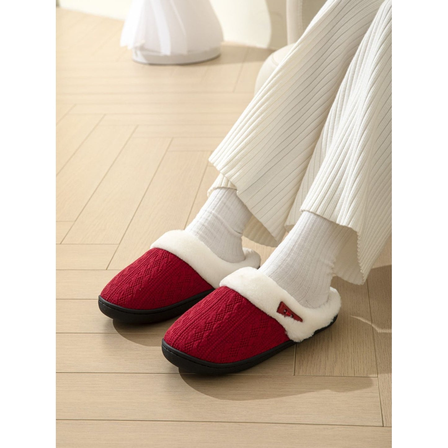 Horn Buckle Furry Texture Flat Slippers