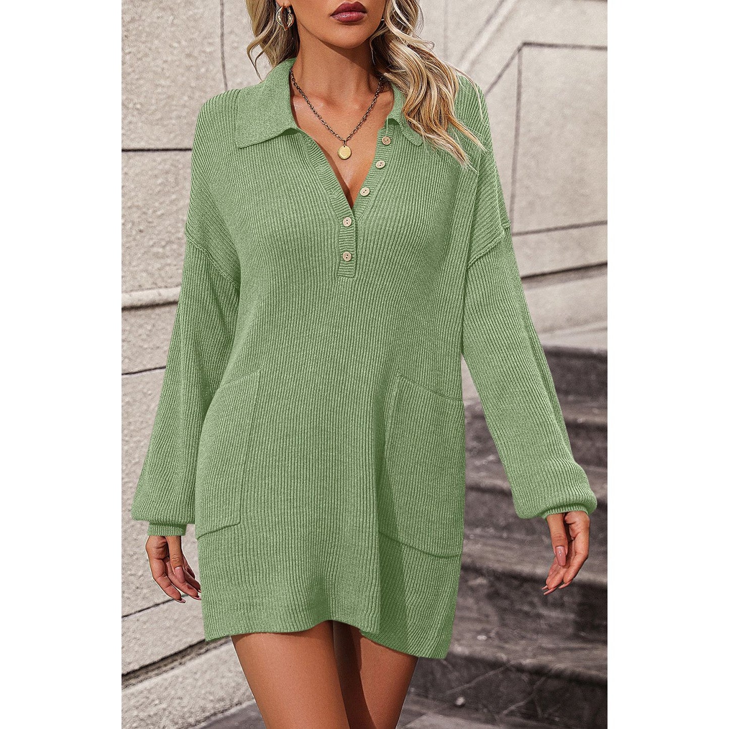 Collared Neck Long Sleeve Sweater Dress with Pockets