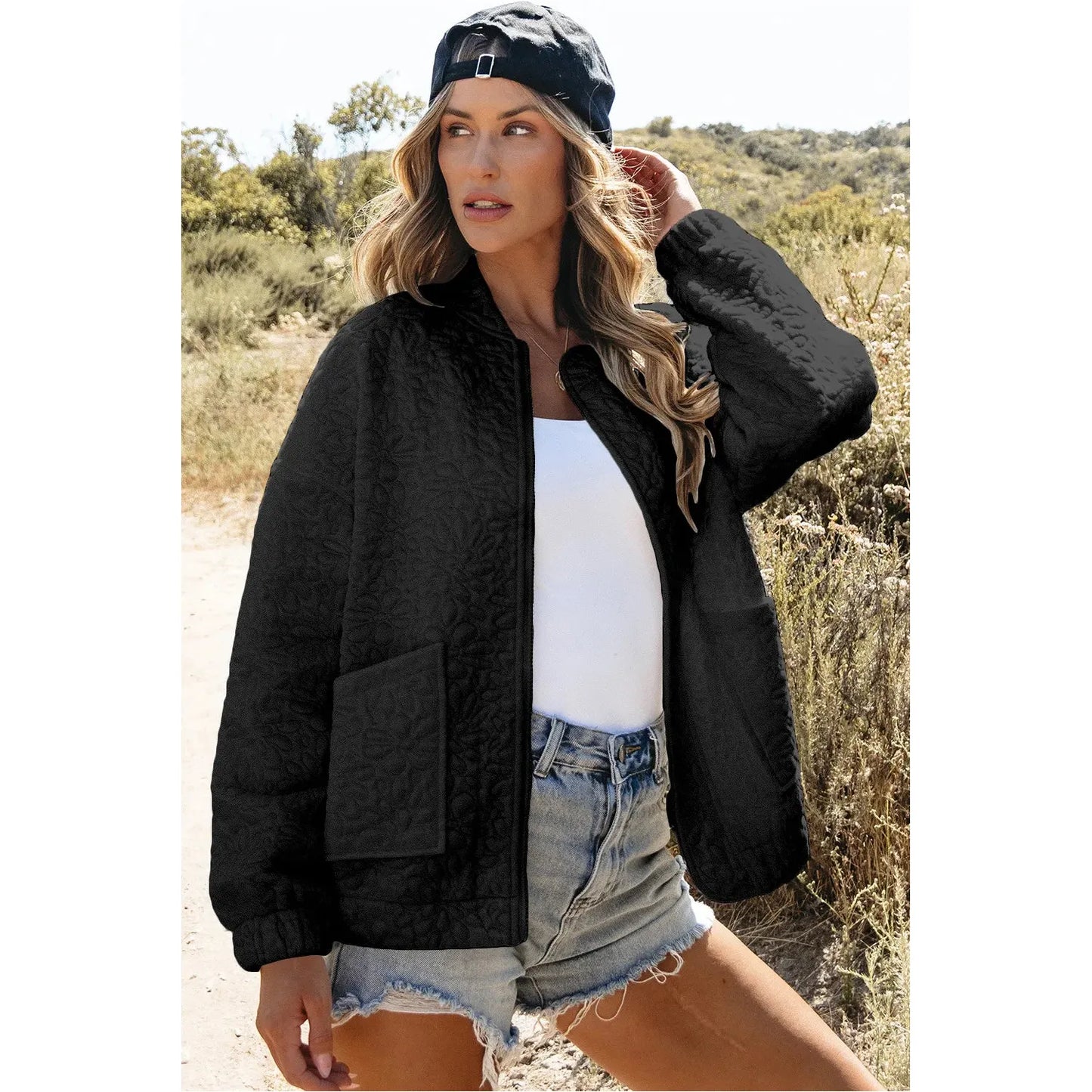 Baseball Collar Floral Quilted Jacket