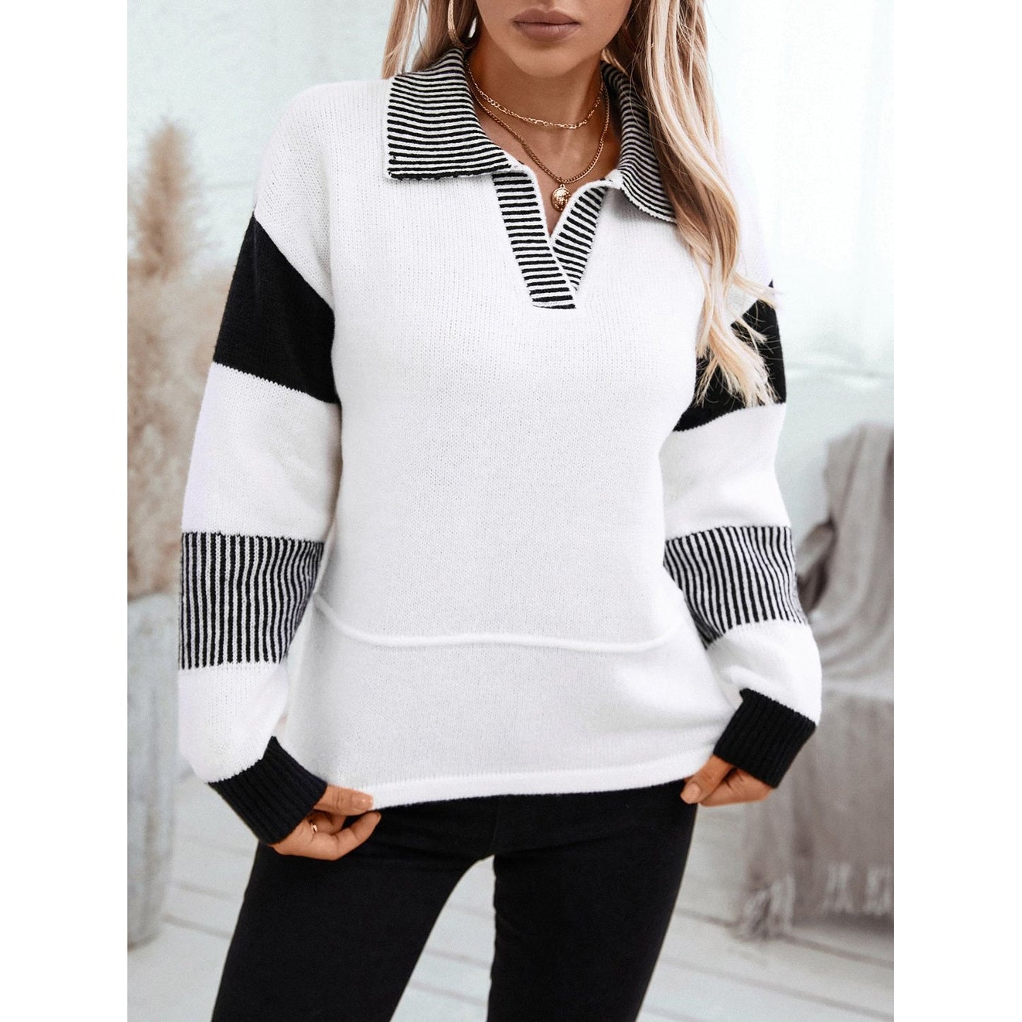 Striped Johnny Collar Drop Shoulder Sweater