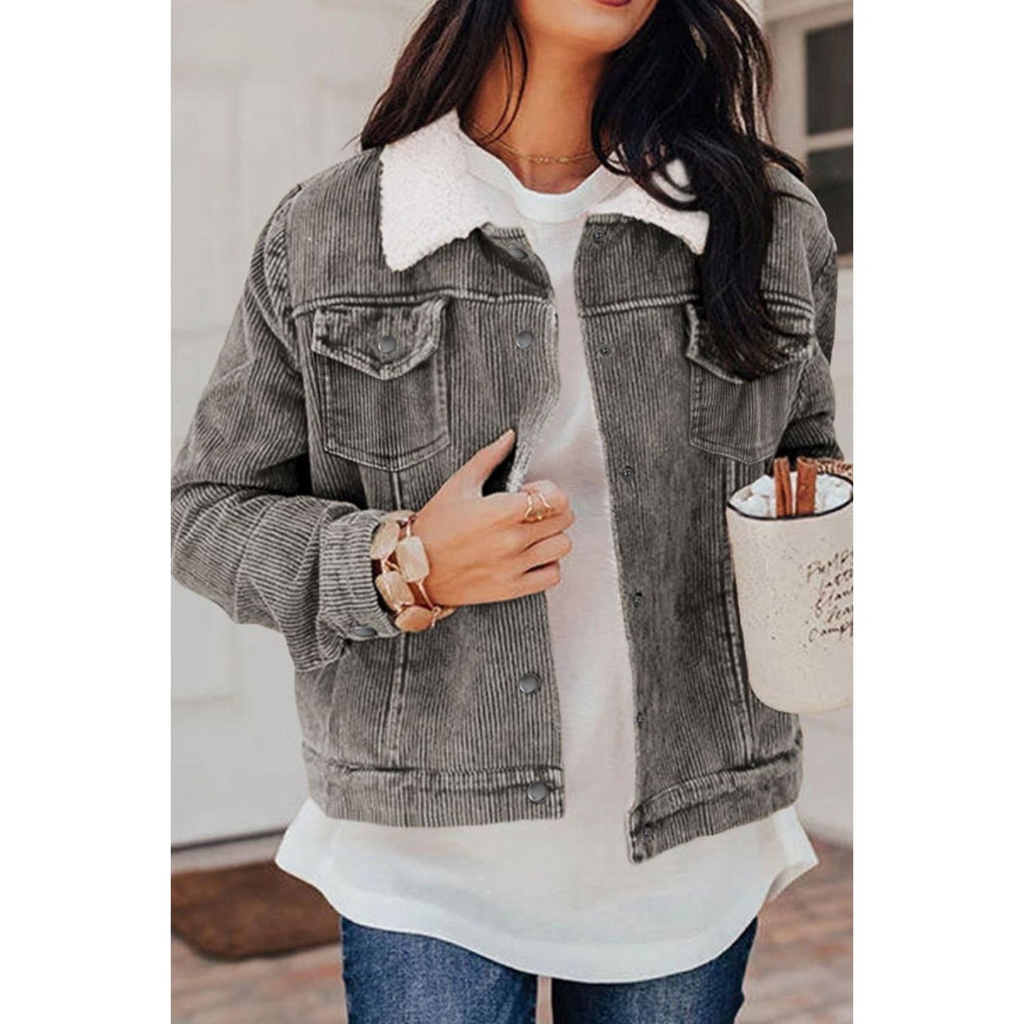 Corduroy Collared Neck Snap Down Jacket