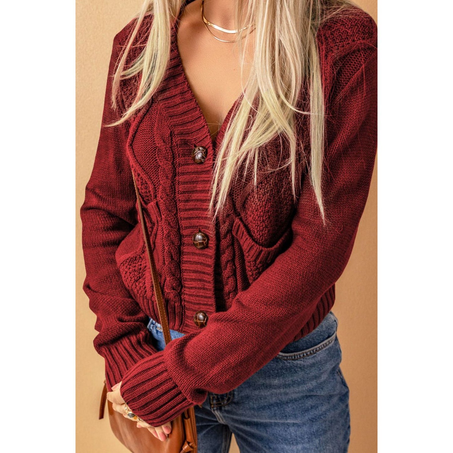 Cable-Knit Button Down V-Neck Cardigan