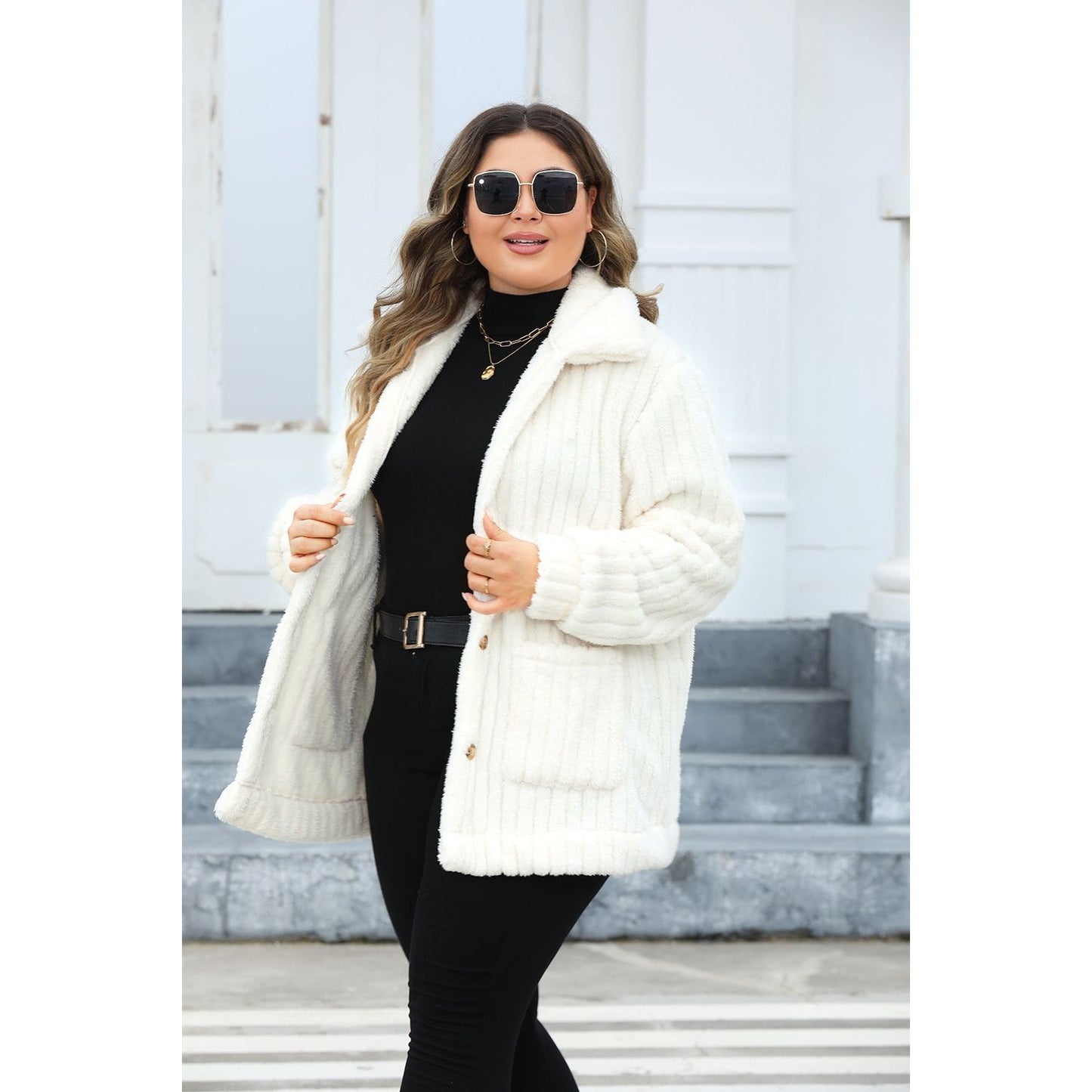 Plus Size Fuzzy Collared Neck Long Sleeve Jacket