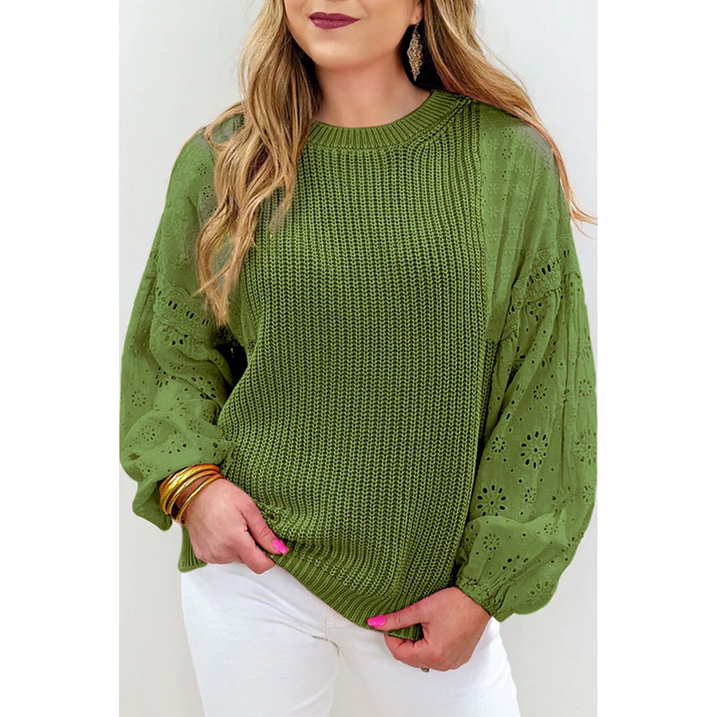 Eyelet Round Neck Drop Shoulder Sweater