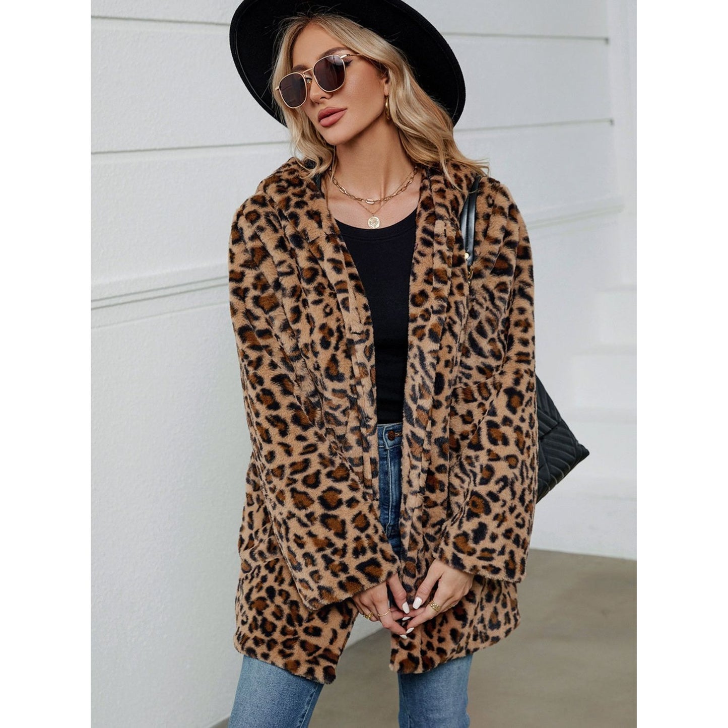 Fuzzy Leopard Hooded Long Sleeve Jacket