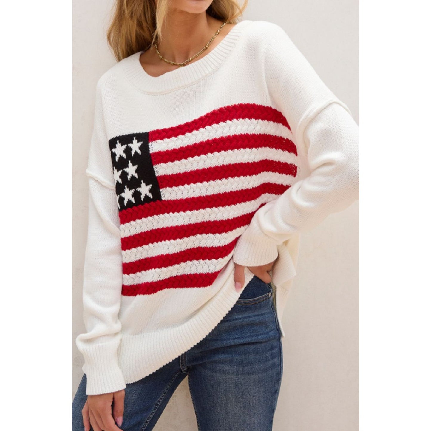 US Flag Side Slit Drop Shoulder Sweater