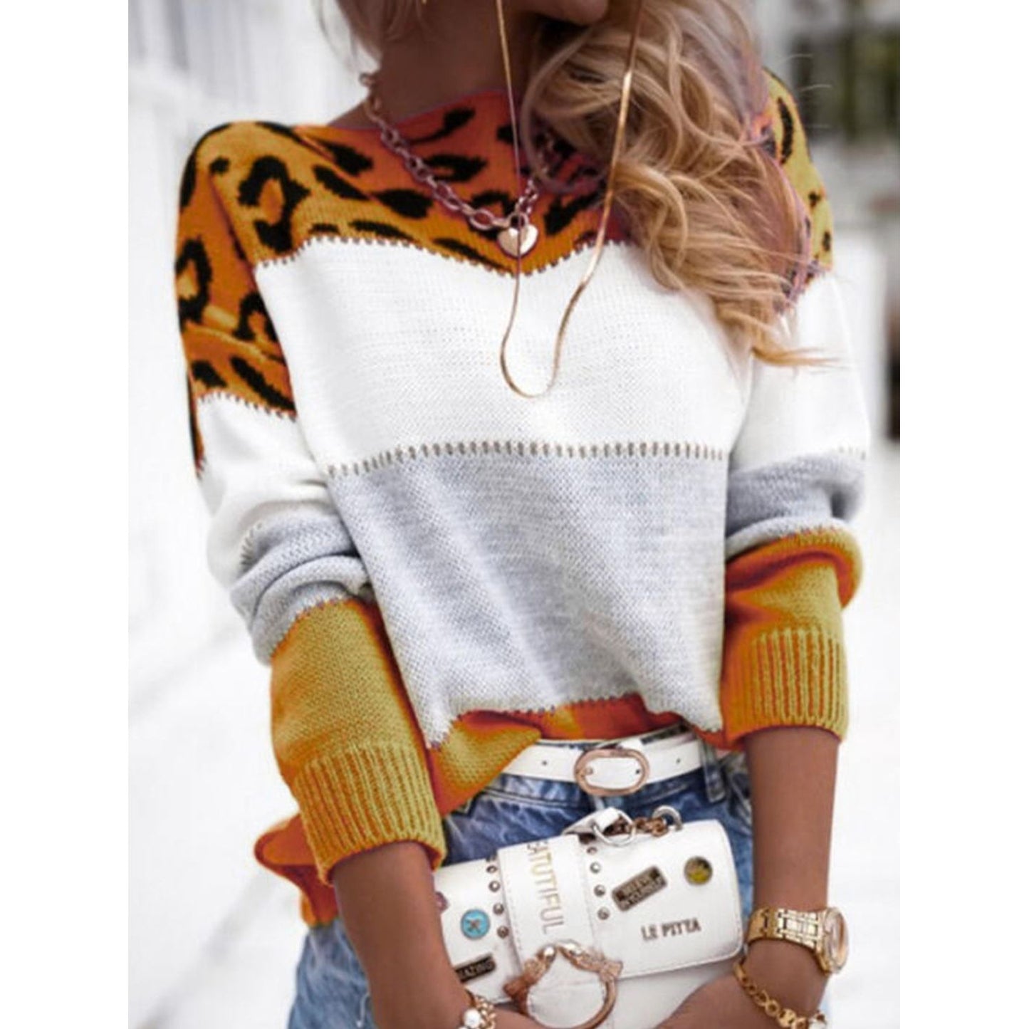 Leopard Color Block Round Neck Long Sleeve Sweater