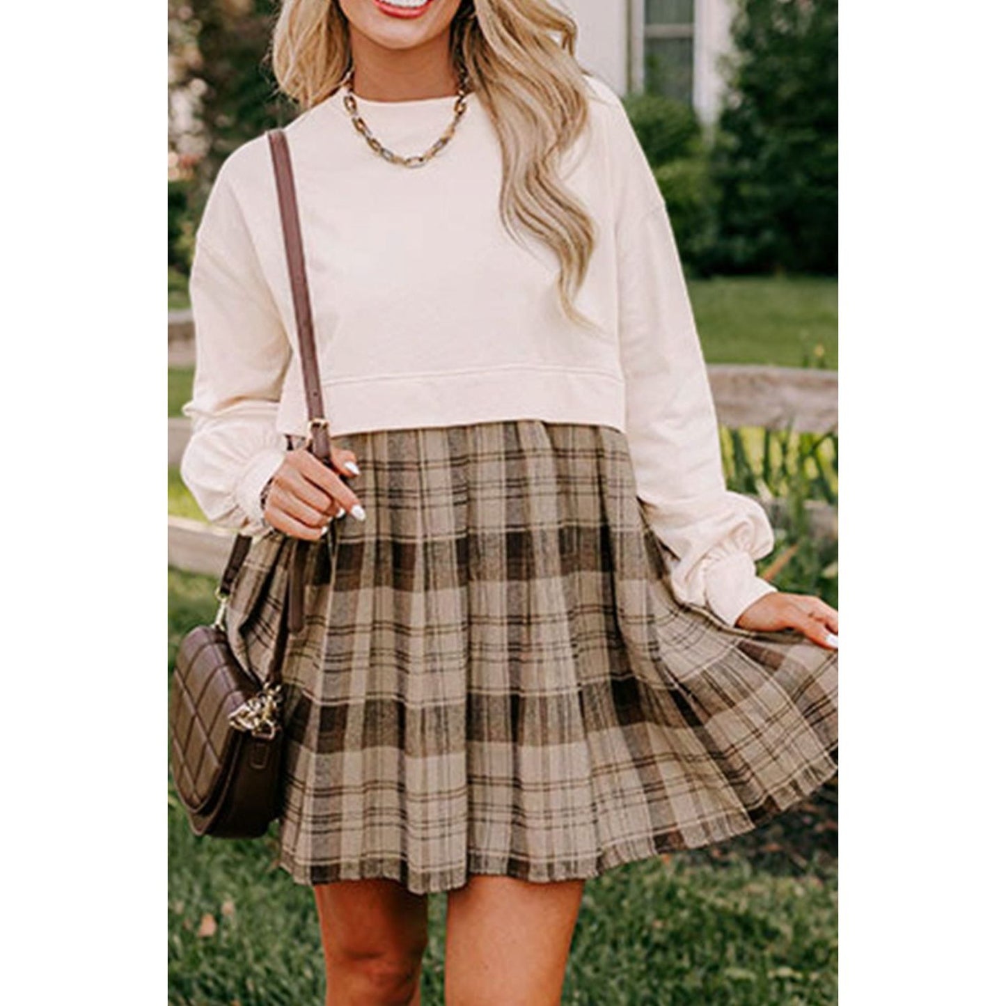 Plaid Round Neck Long Sleeve Mini Dress