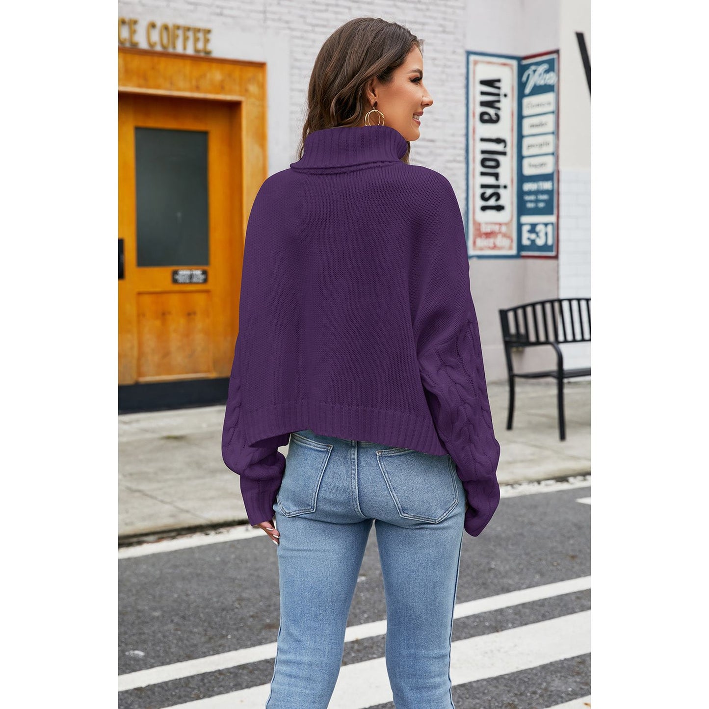 Turtleneck Cable-Knit Long Sleeve Sweater