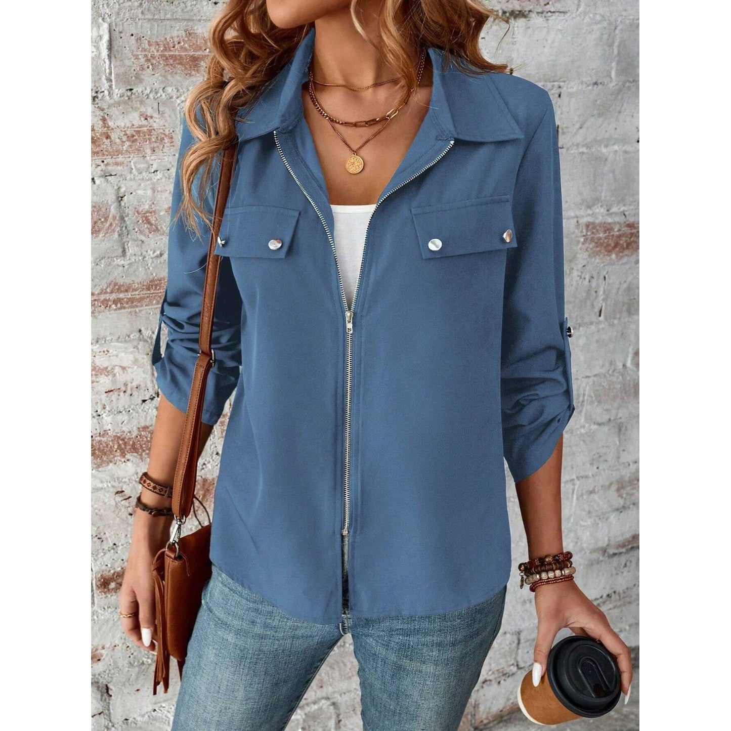 Zip Up Collared Neck Roll-Tab Sleeve Jacket