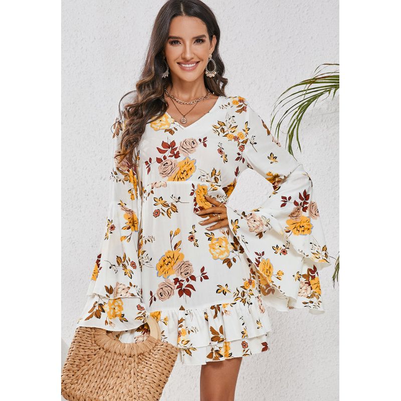 Printed V-Neck Flare Sleeve Mini Dress