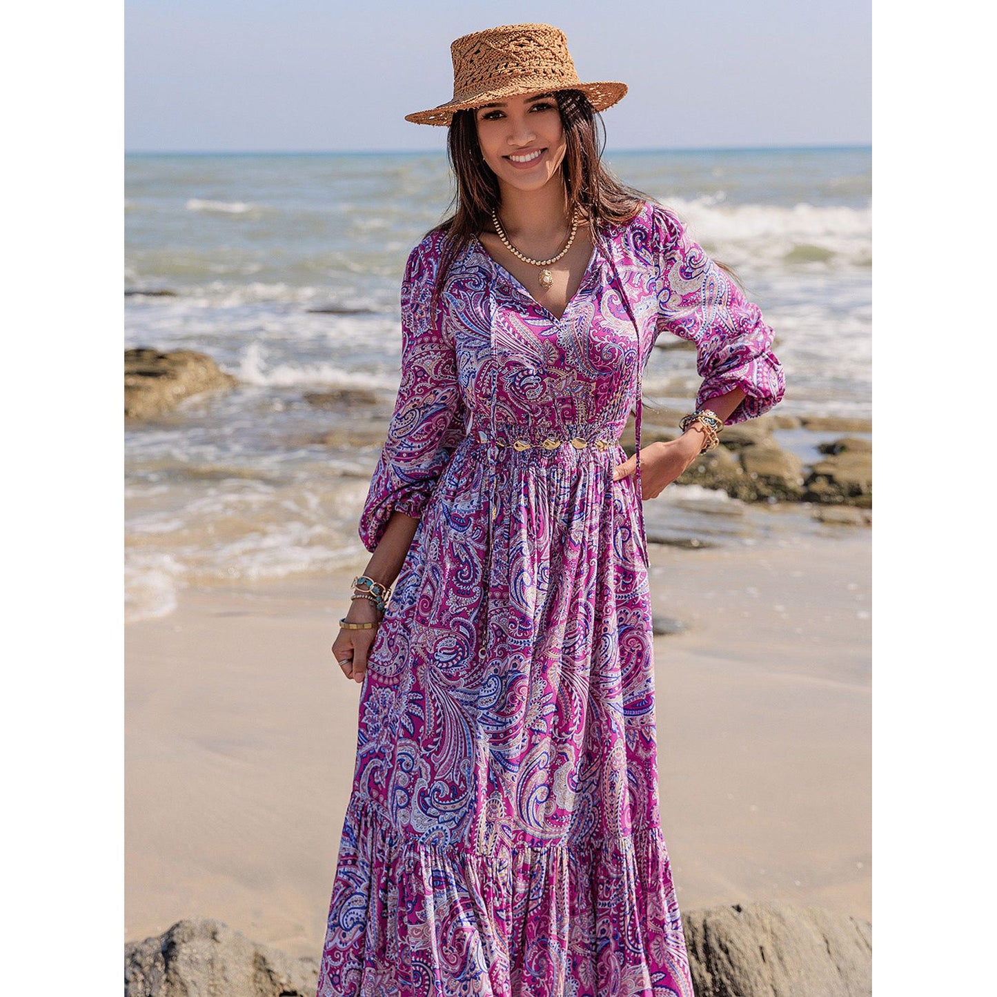 Printed Tie Neck Balloon Sleeve Maxi Dress