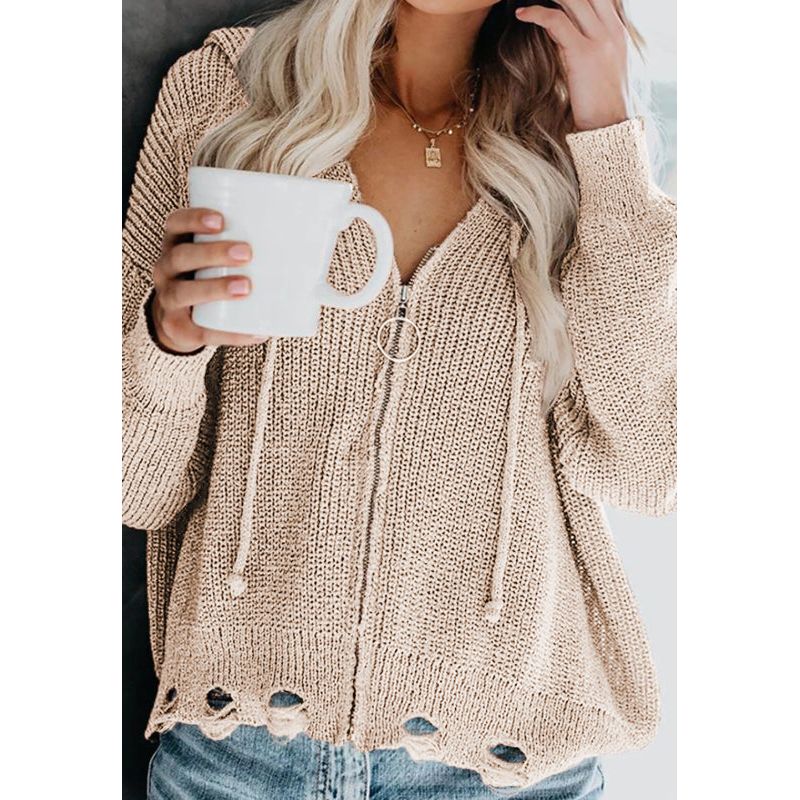 Distressed Zip Up Drawstring Hooded Cardigan
