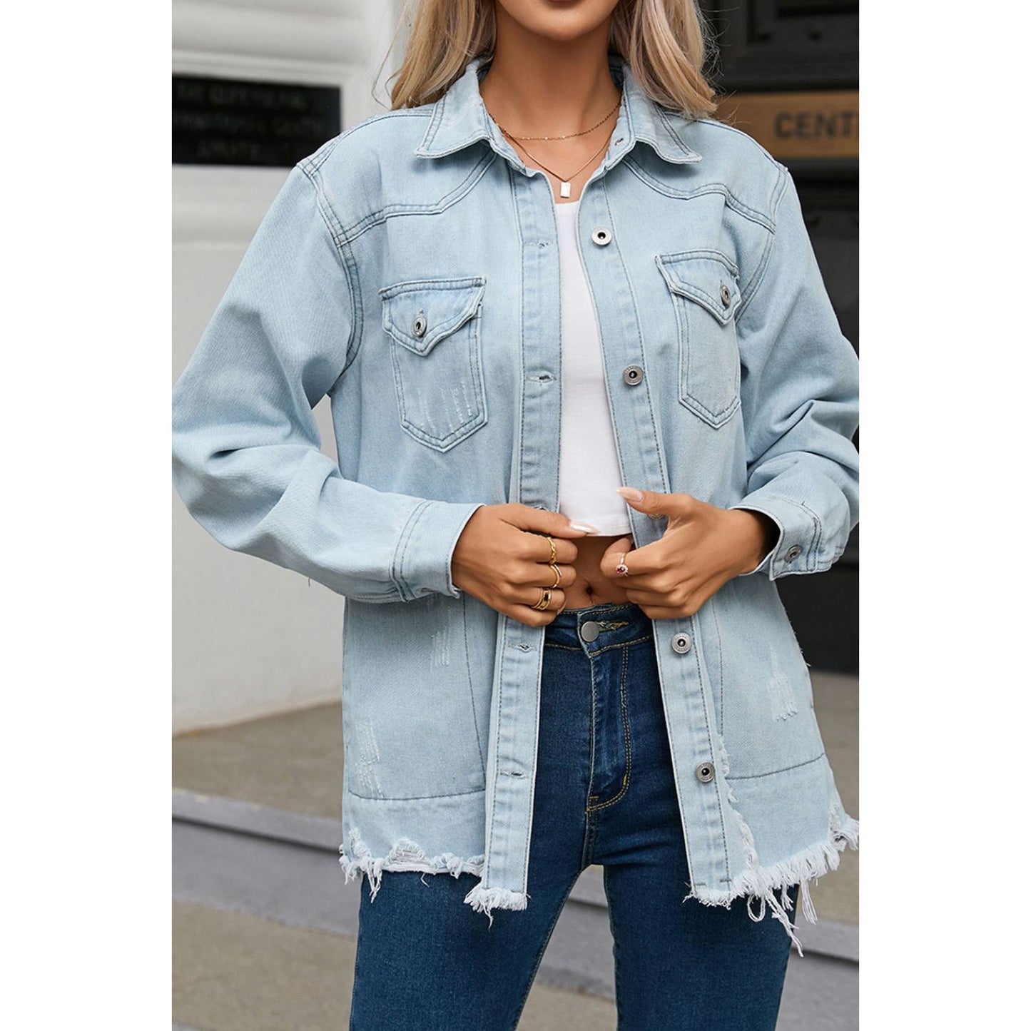 Flap Pocket Raw Hem Denim Jacket