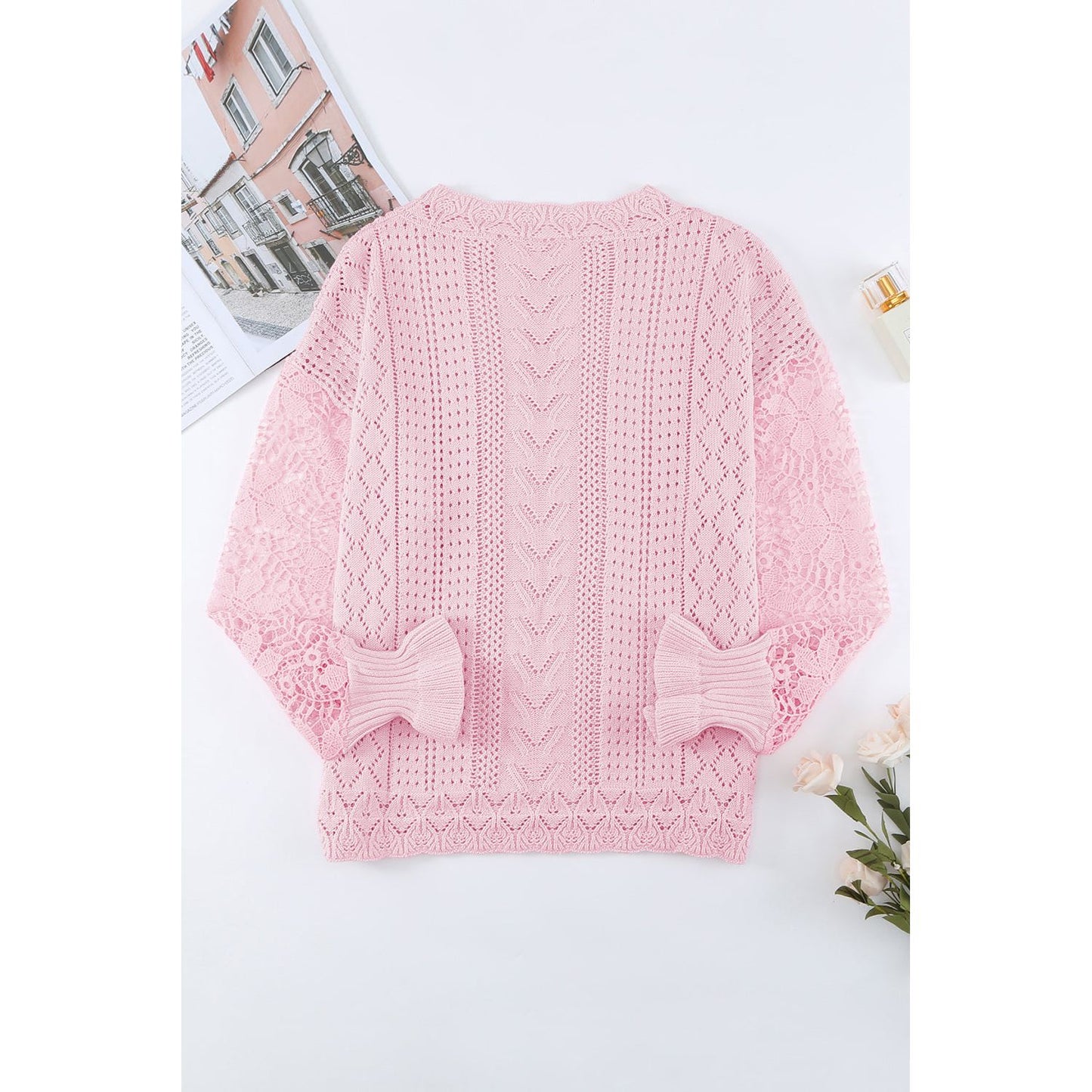 Openwork Round Neck Long Sleeve Sweater