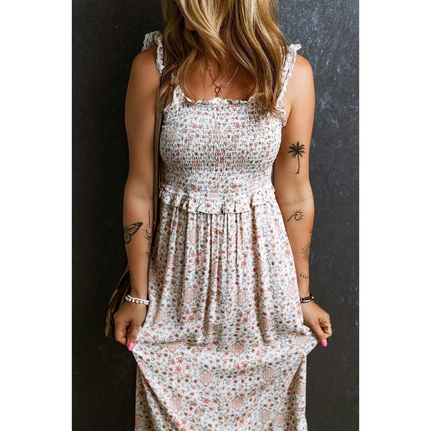 Ruffled Smocked Printed Sleeveless Maxi Dress