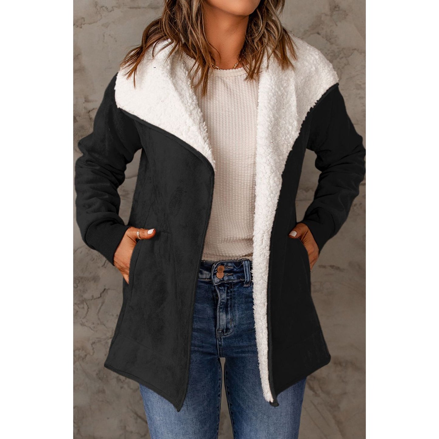 Open Front Long Sleeve Sherpa Jacket