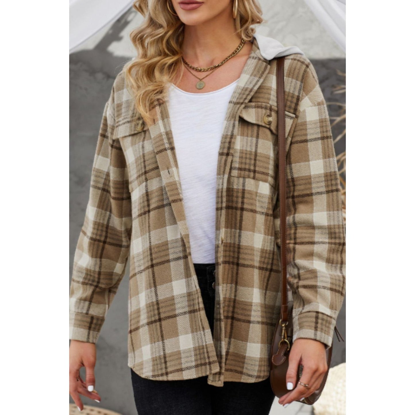 Plaid Button Up Long Sleeve Hooded Jacket