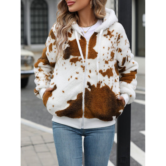 Fuzzy Drawstring Zip Up Hooded Jacket