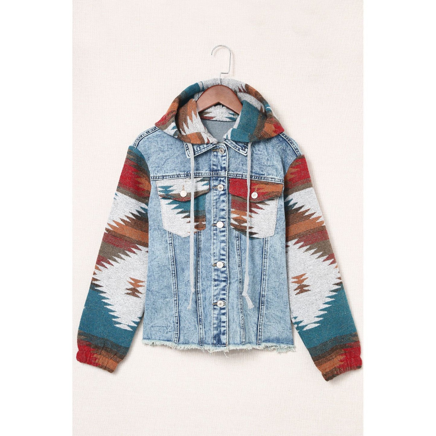Drawstring Hooded Pocketed Denim Jacket