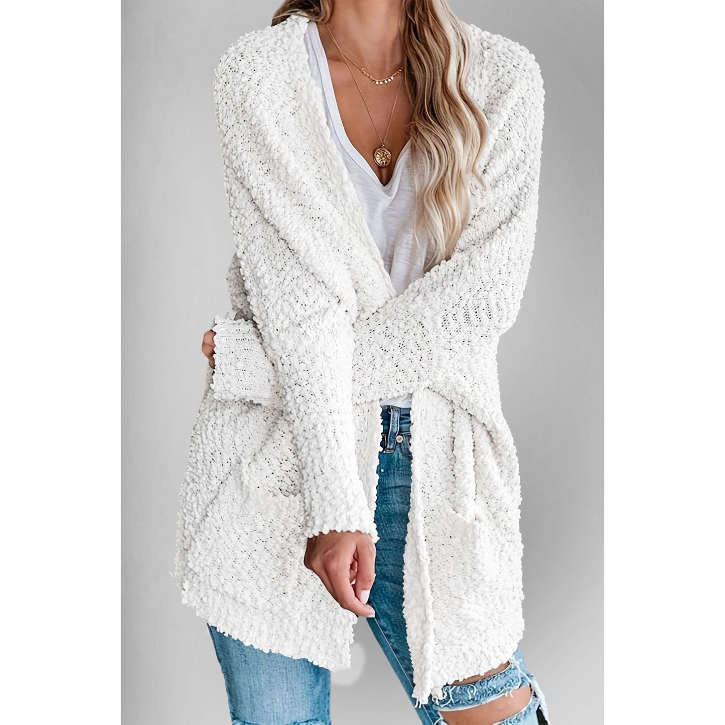 Double Take Pocketed Open Front Long Sleeve Cardigan