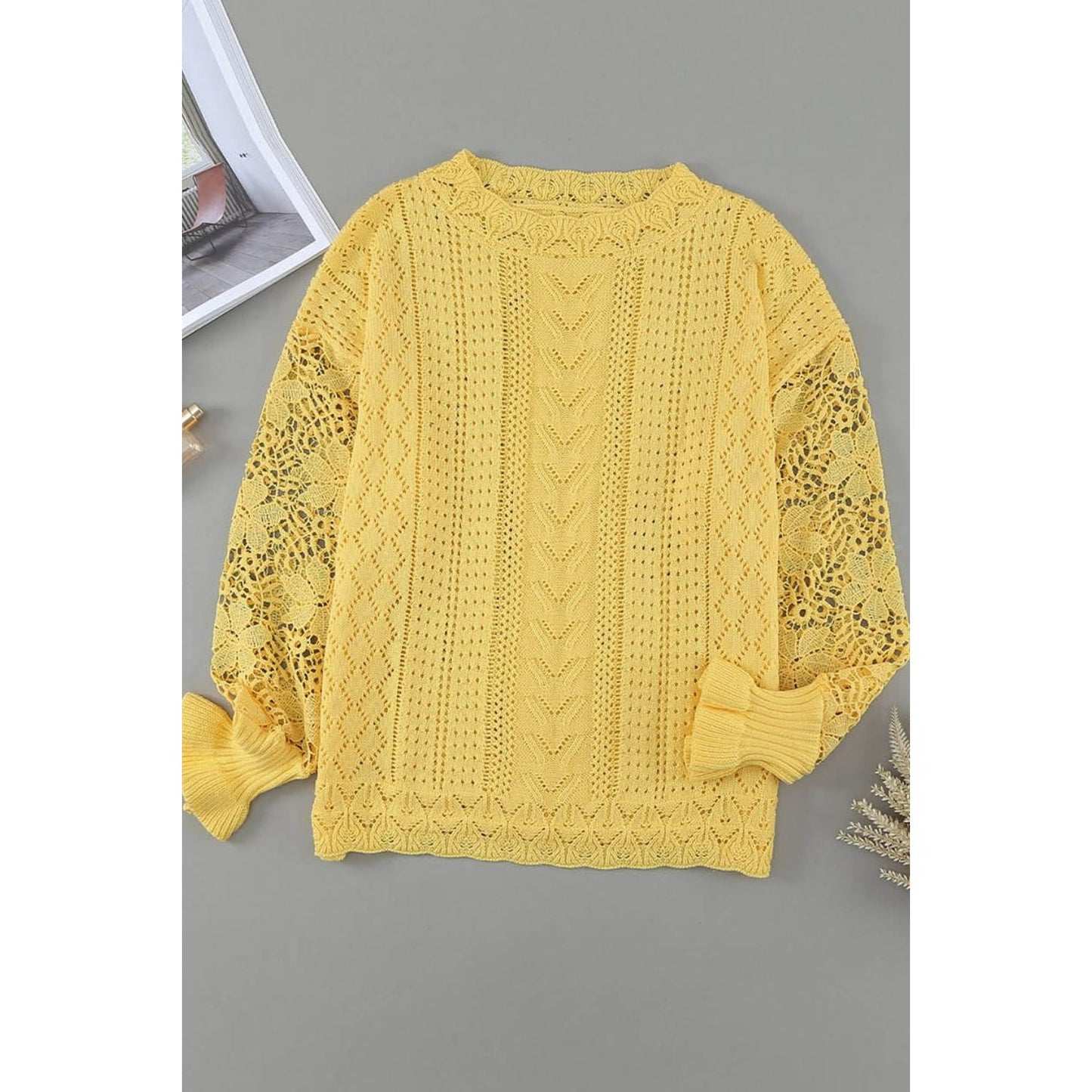 Openwork Round Neck Long Sleeve Sweater