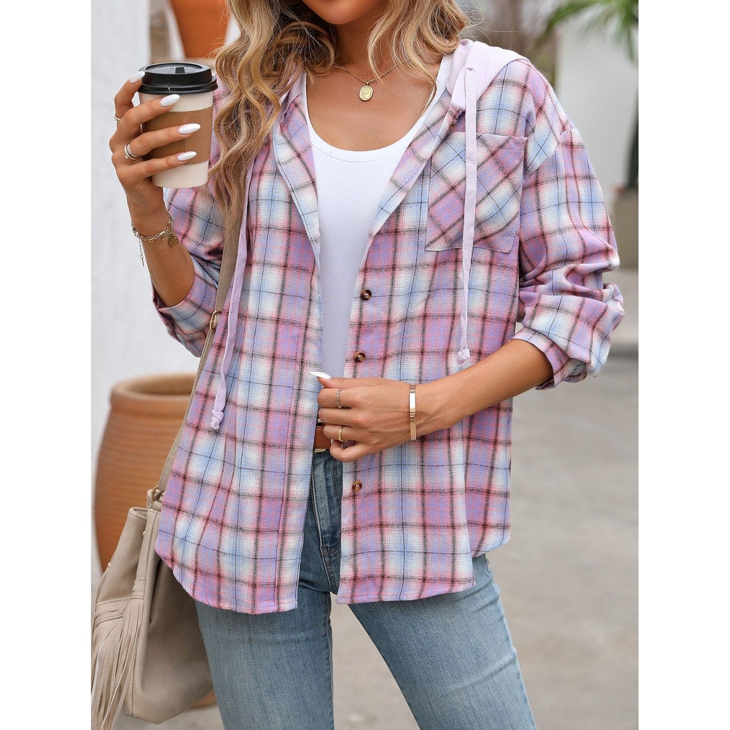 Plaid Long Sleeve Hooded Jacket