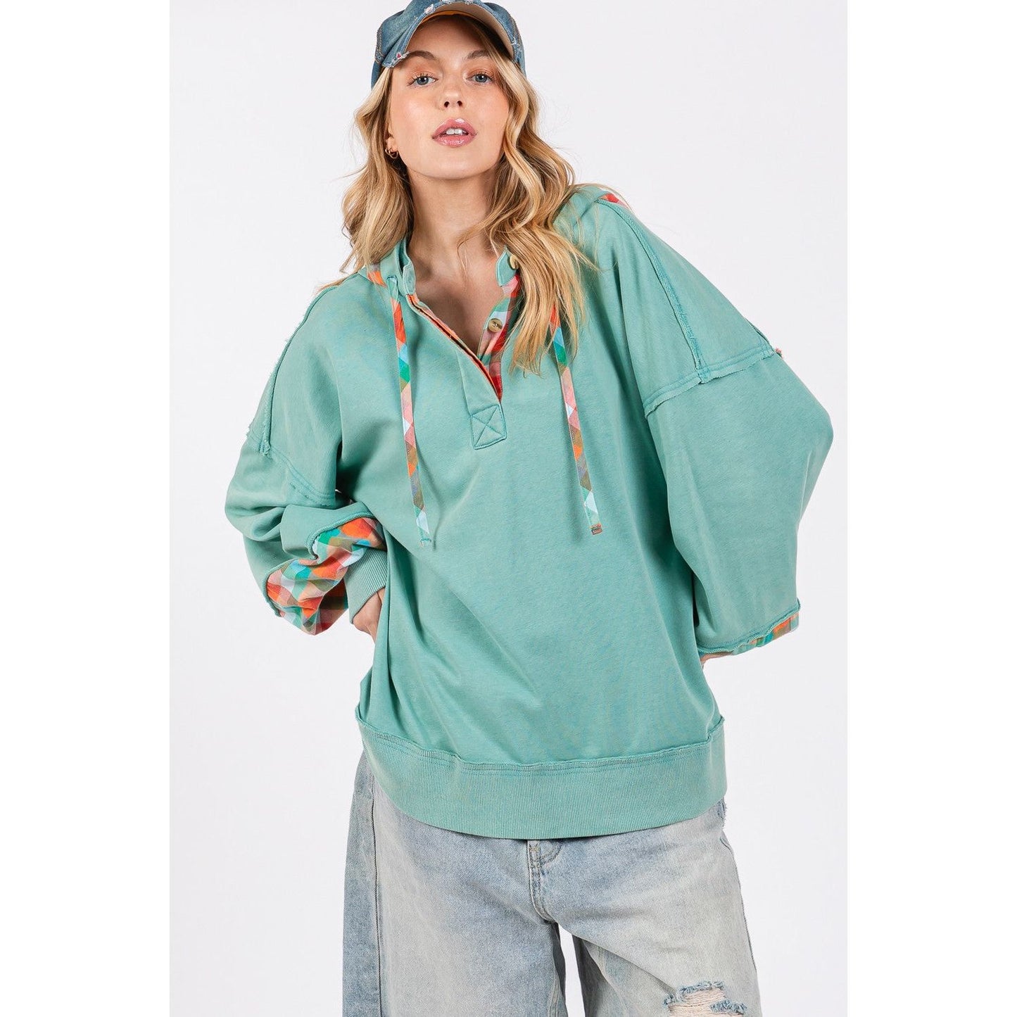 SAGE + FIG Full Size Plaid Print Washed Hoodie