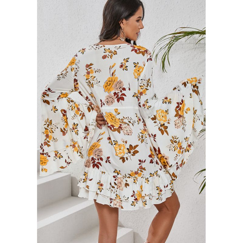 Printed V-Neck Flare Sleeve Mini Dress