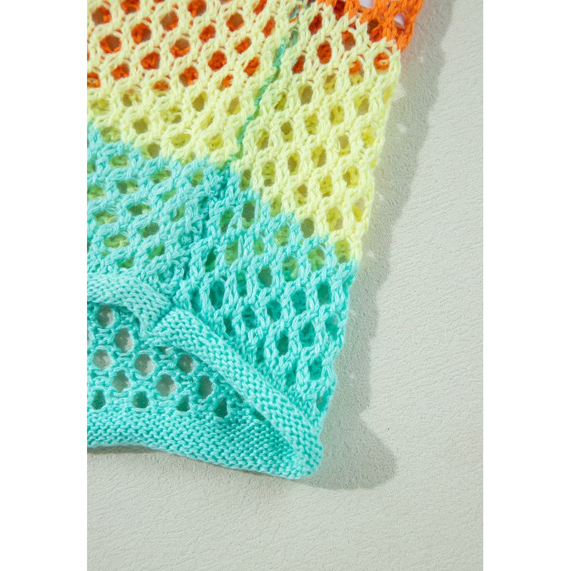 Openwork Contrast Striped Round Neck Knit Top