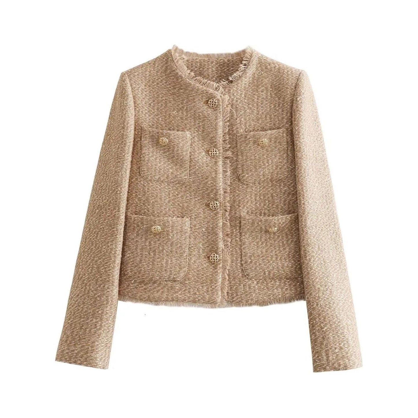 Raw Hem Pocketed Round Neck Jacket