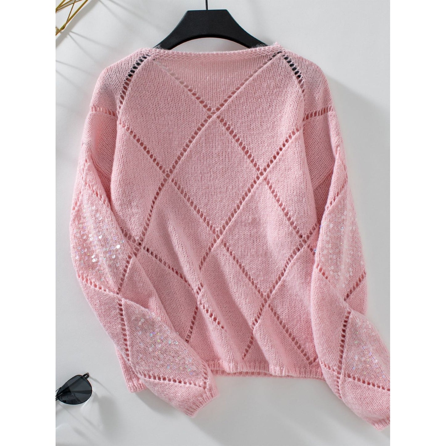 Openwork Round Neck Long Sleeve Knit Top