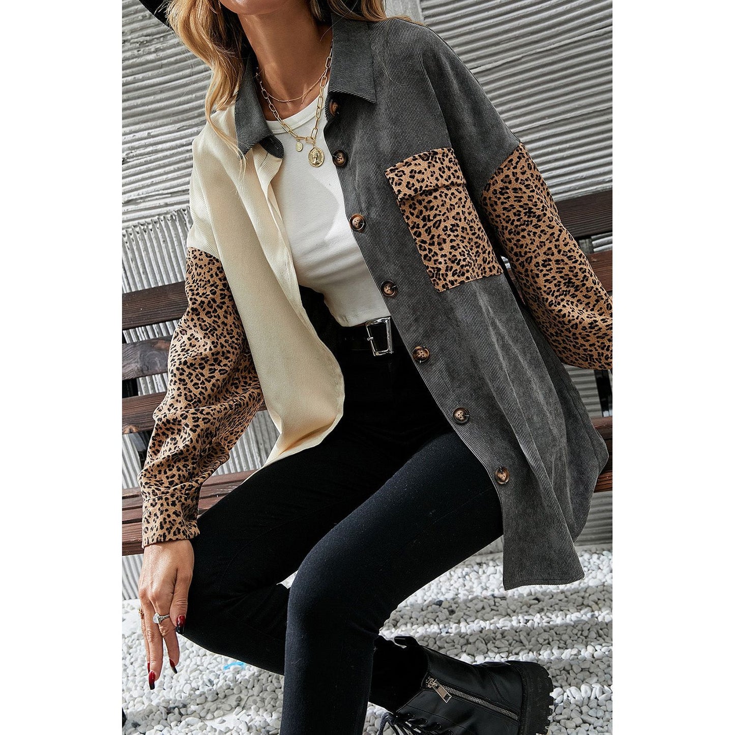 Leopard Button Up Drop Shoulder Jacket