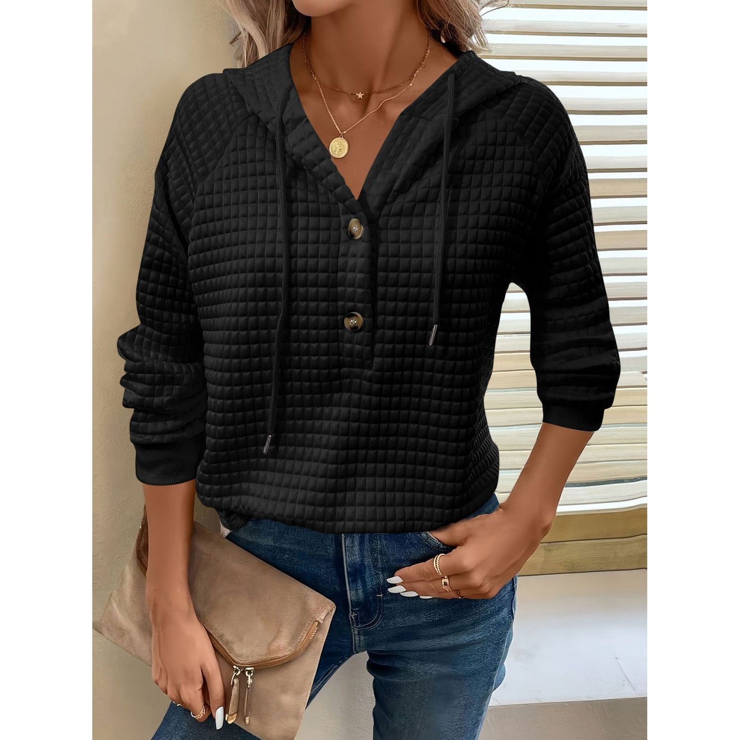 Full Size Texture Button Detail Drawstring Long Sleeve Hoodie