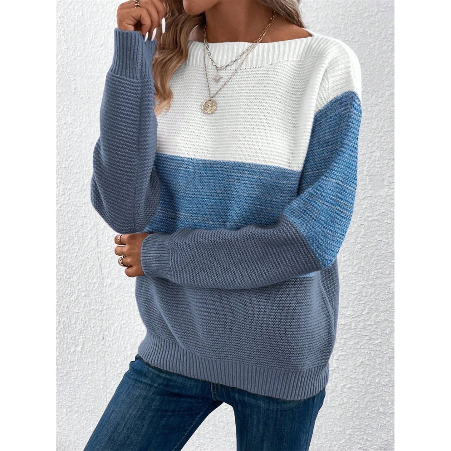 Color Block Drop Shoulder Long Sleeve Sweater