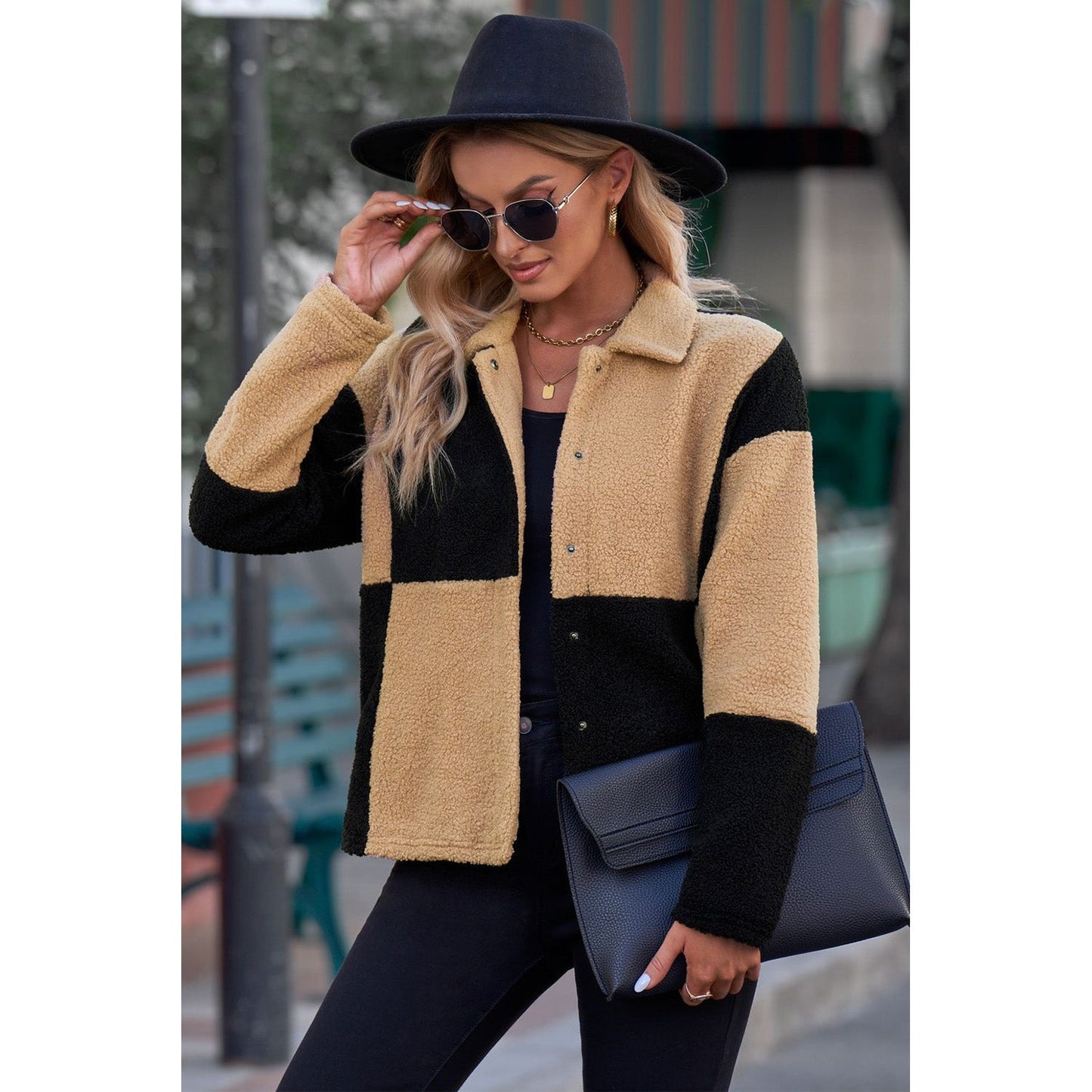 Color Block Snap Down Collared Neck Jacket
