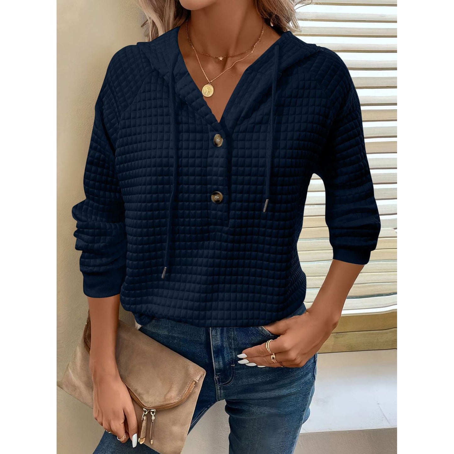 Full Size Texture Button Detail Drawstring Long Sleeve Hoodie