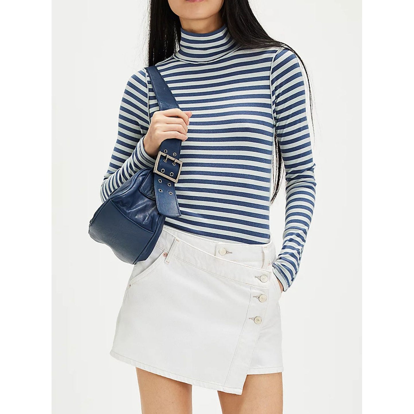 Exposed Seam Striped Turtleneck Long Sleeve T-Shirt
