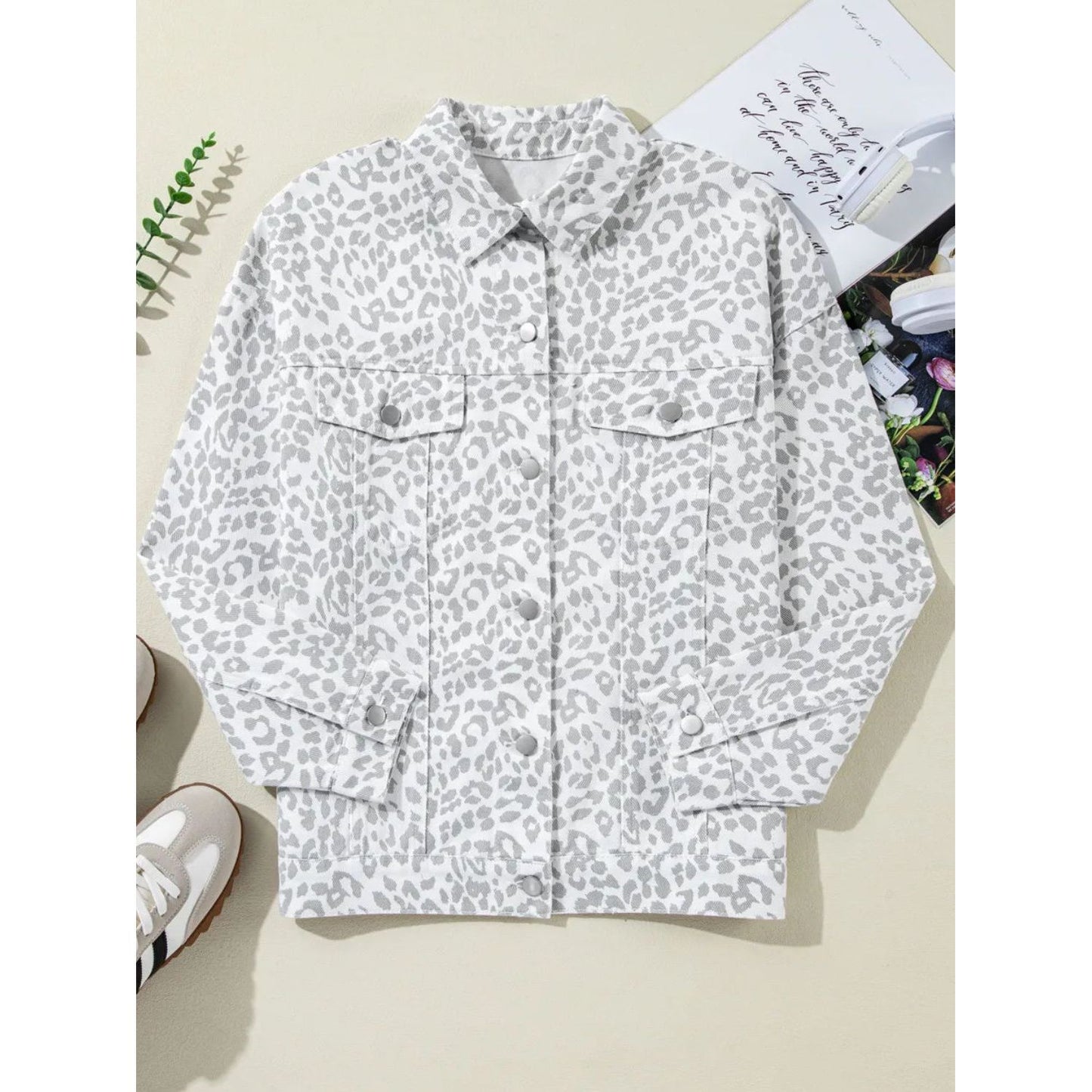 Leopard Button Up Long Sleeve Denim Jacket