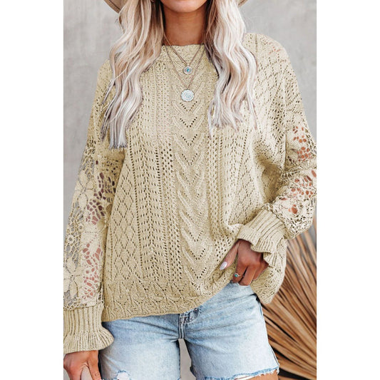 Openwork Round Neck Long Sleeve Sweater