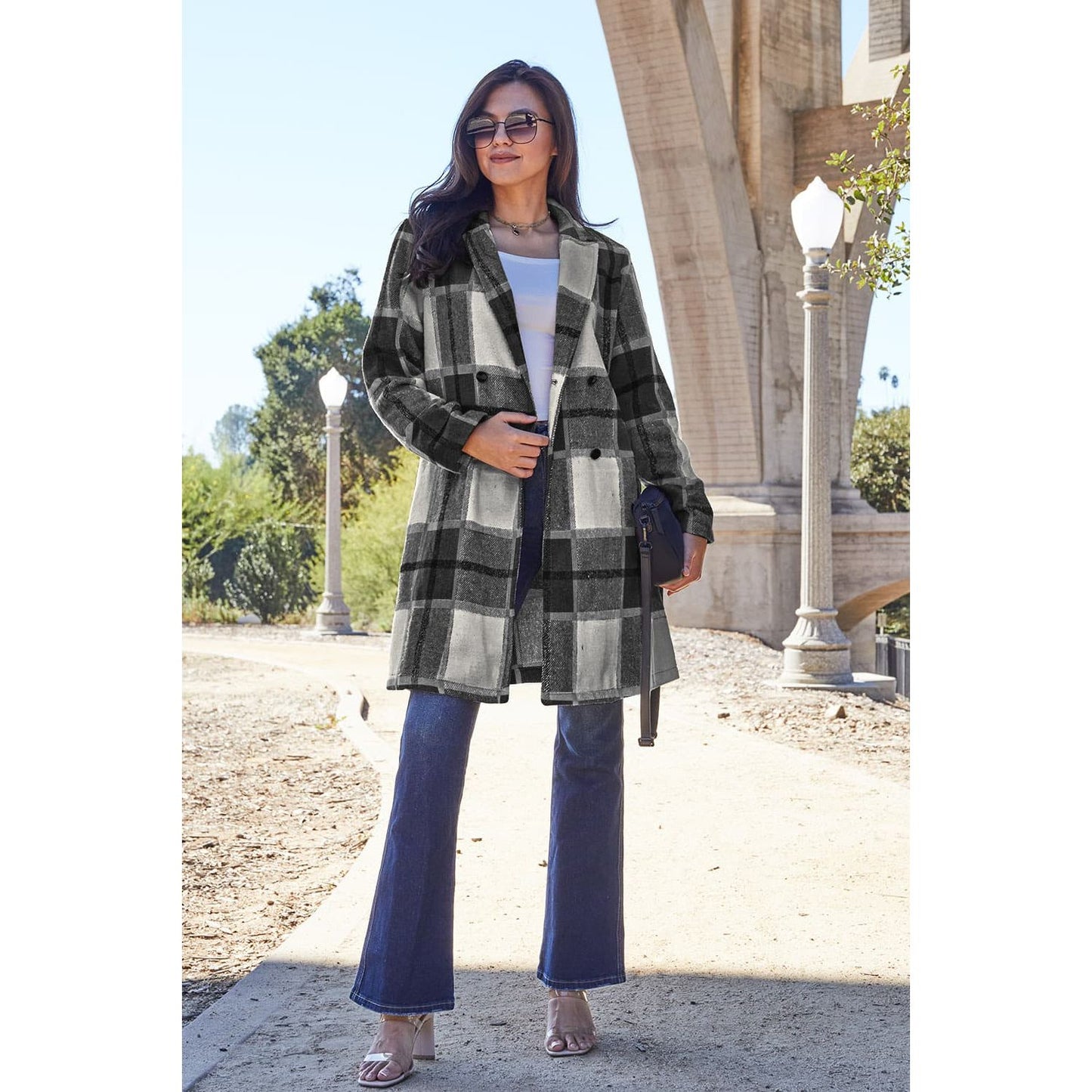 Double Take Full Size Plaid Button Up Lapel Collar Coat