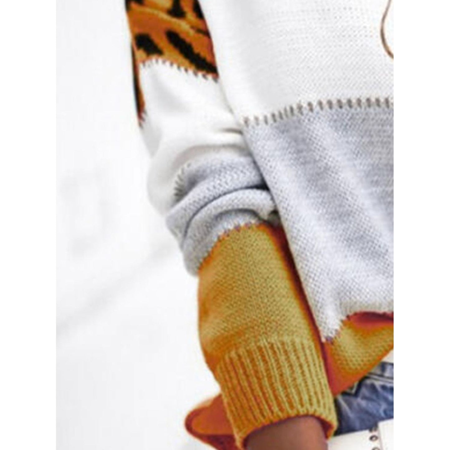 Leopard Color Block Round Neck Long Sleeve Sweater