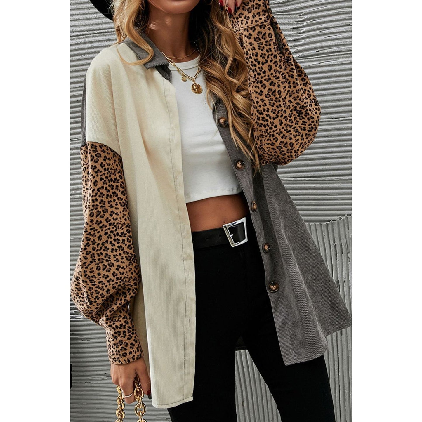 Leopard Button Up Drop Shoulder Jacket