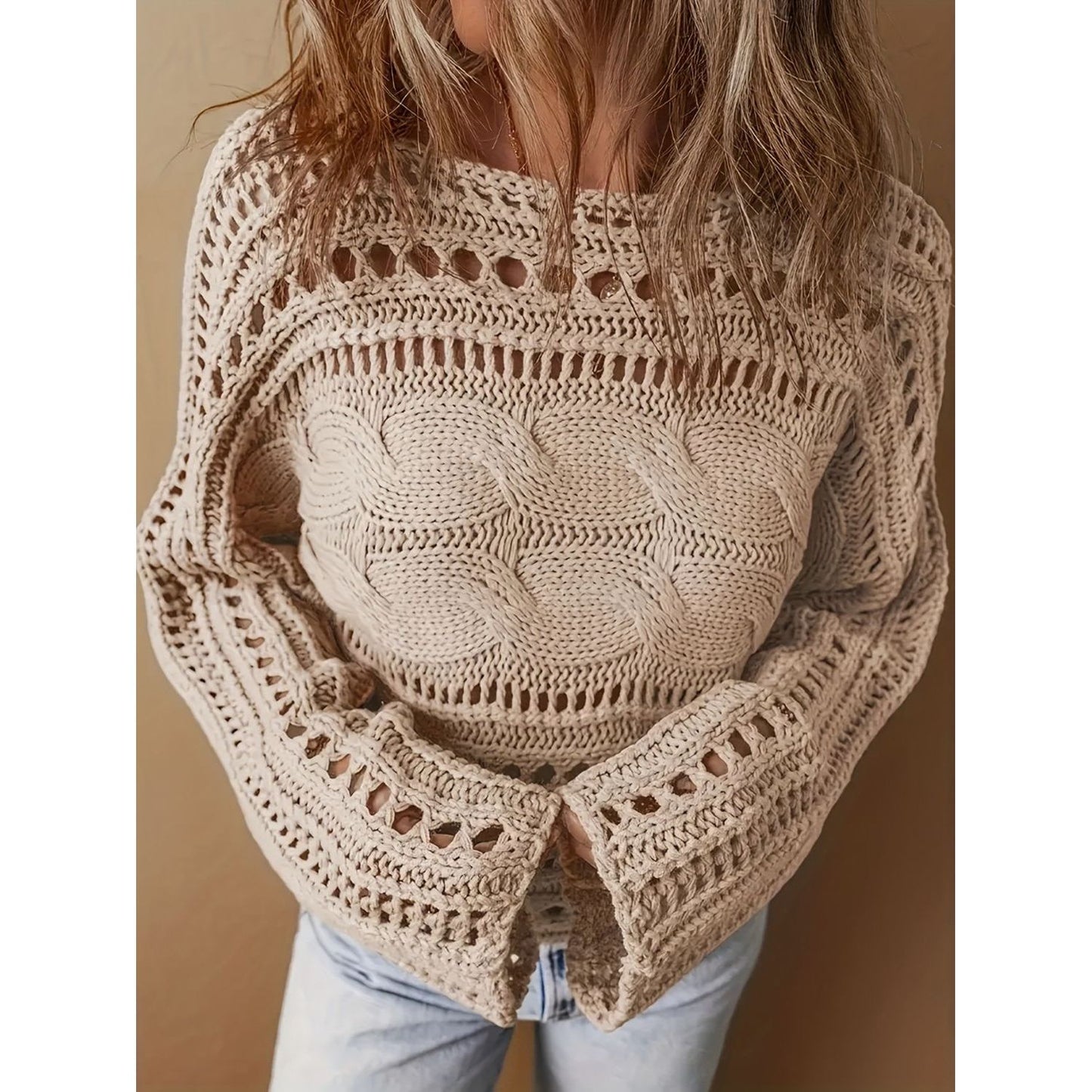 Hollow Out Cable-Knit Boat Neck Sweater