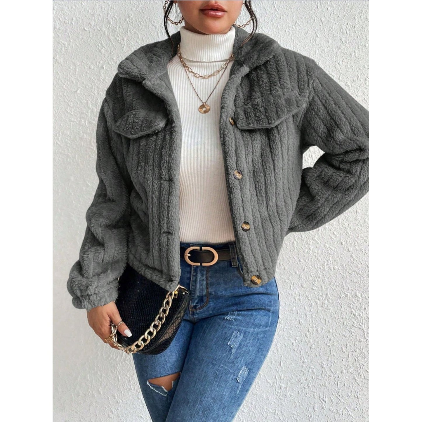 Fuzzy Button Up Collared Neck Jacket