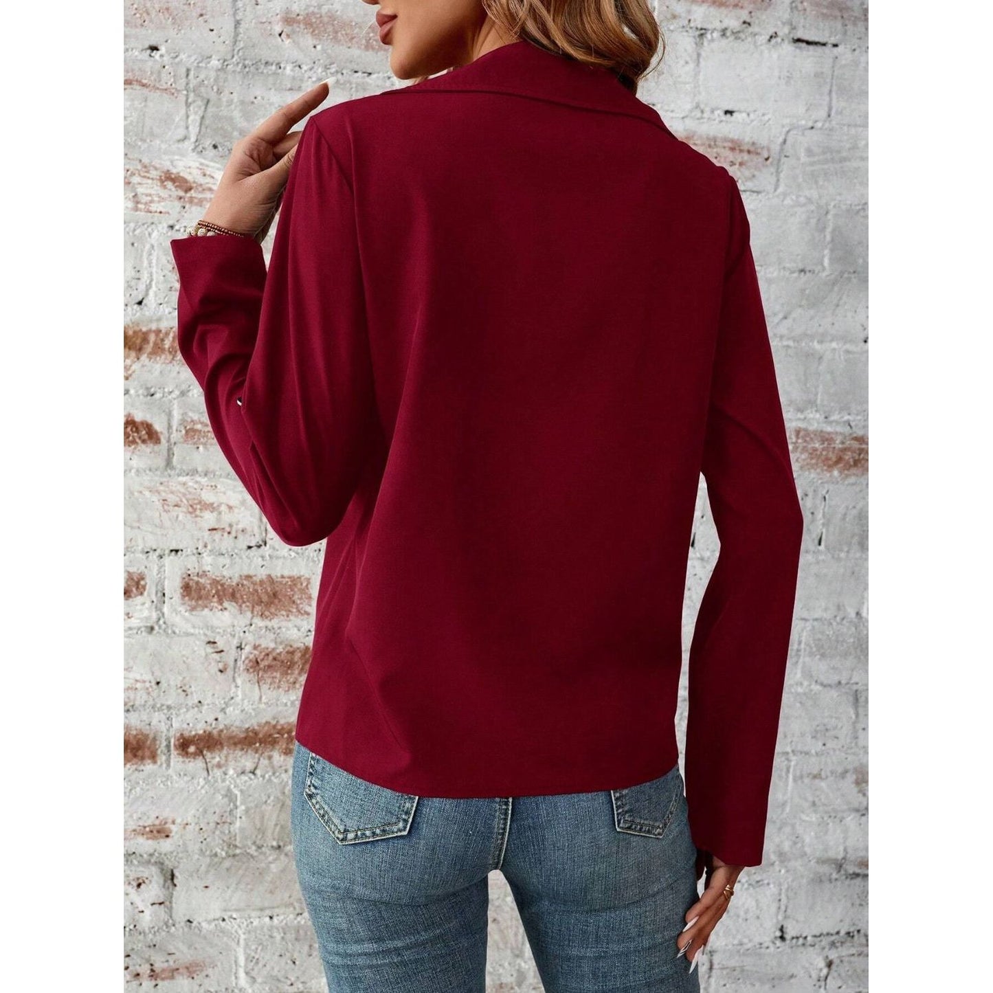 Zip Up Collared Neck Roll-Tab Sleeve Jacket