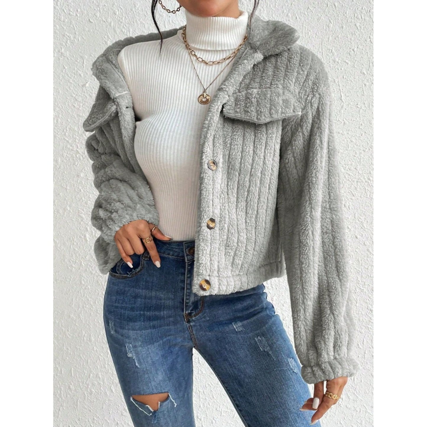 Fuzzy Button Up Collared Neck Jacket