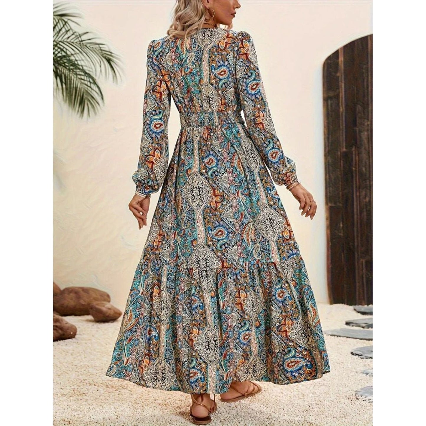 Printed Tie Neck Long Sleeve Maxi Dress